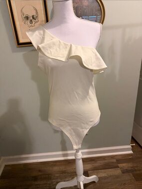Pink Lily One-Shoulder Ruffle Bodysuit in Ivory